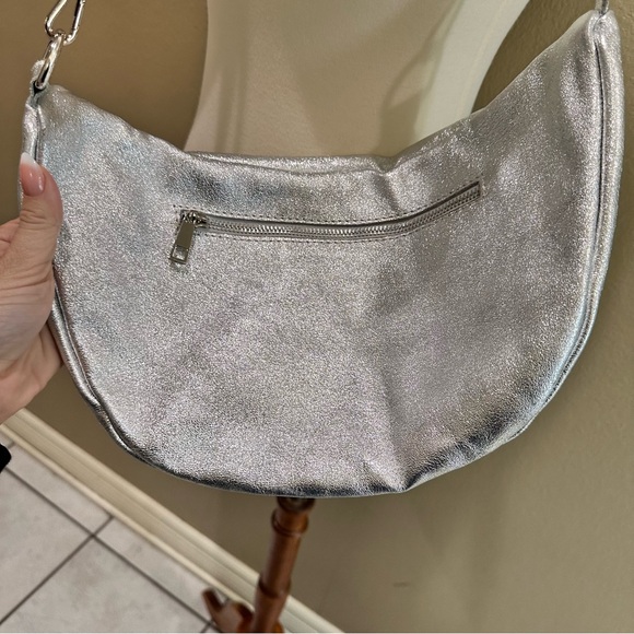 Women's Shoulder large metallic silver leather sling bag oversized fanny pack - Picture 11 of 13